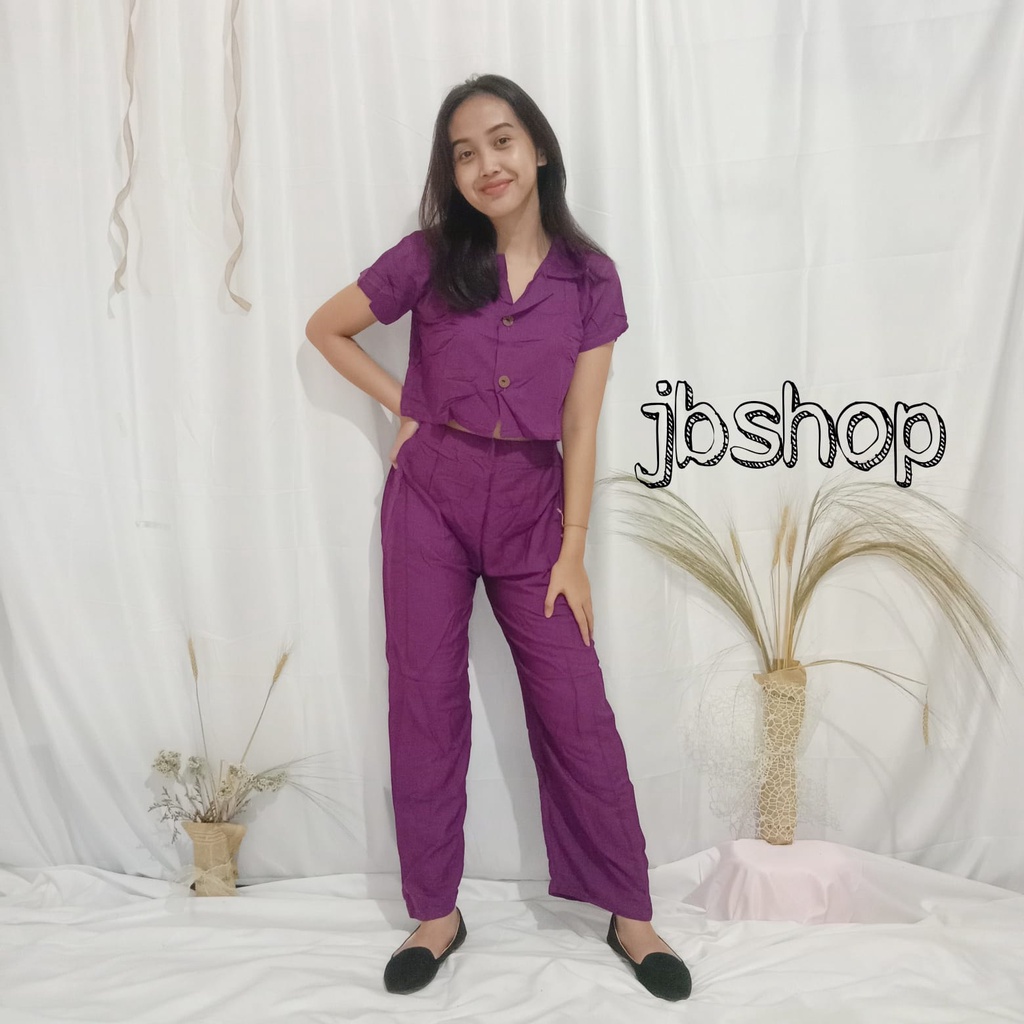 Setelan crop kancing celana panjang premium rayon bali