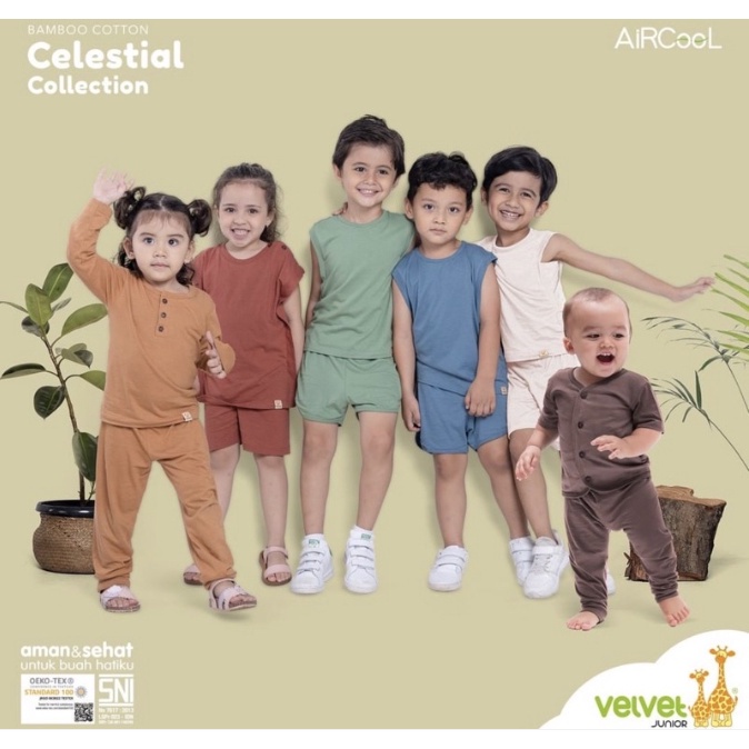 VELVET JUNIOR BAMBOO COTTON AIRCOOL SETELAN BAJU PENDEK KANCING DADA/ KANCING TENGAH+ CELANA PENDEK CELESTIAL SERIES