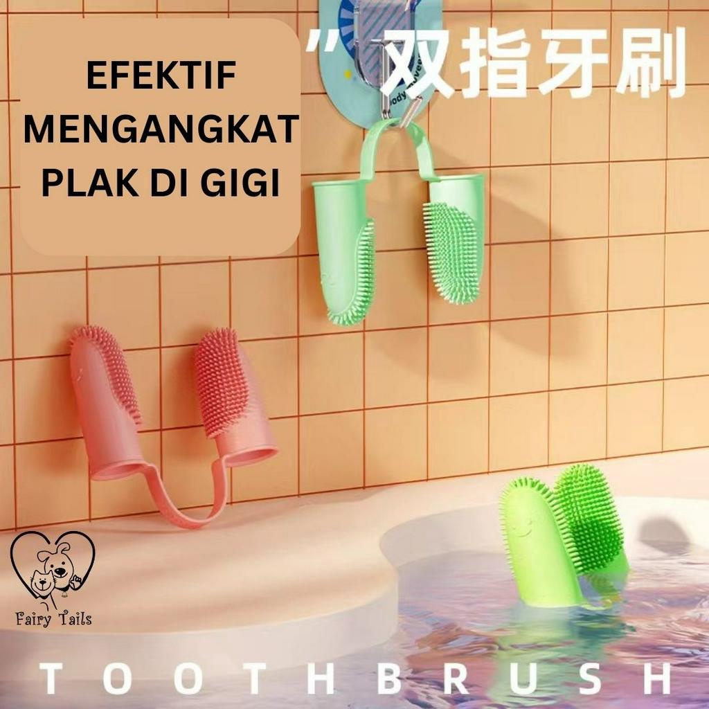 Sikat Gigi TPR Double Finger Kepala Ganda untuk Anabul Kucing dan Anjing Bahan Silikon TPR Lembut dan Tahan Lama Efektif Mengangkat Plak Gigi / Pet Cat Dog TPR Silicone Double Finger Toothbrush