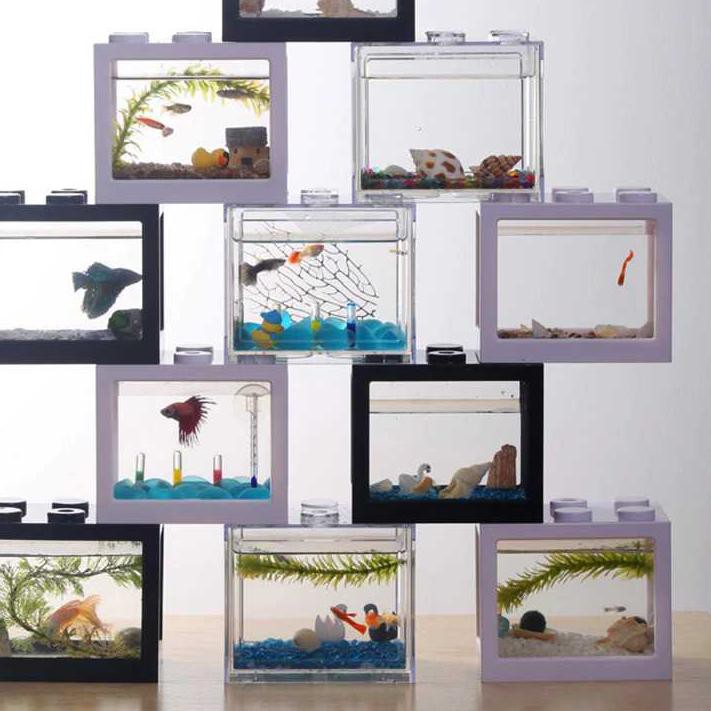 Paling Baru \u2723 LARIS Aquarium Mini Bentuk Lego Terlengkap Lampu LED, Akuarium Ikan Kecil Cupang Murah