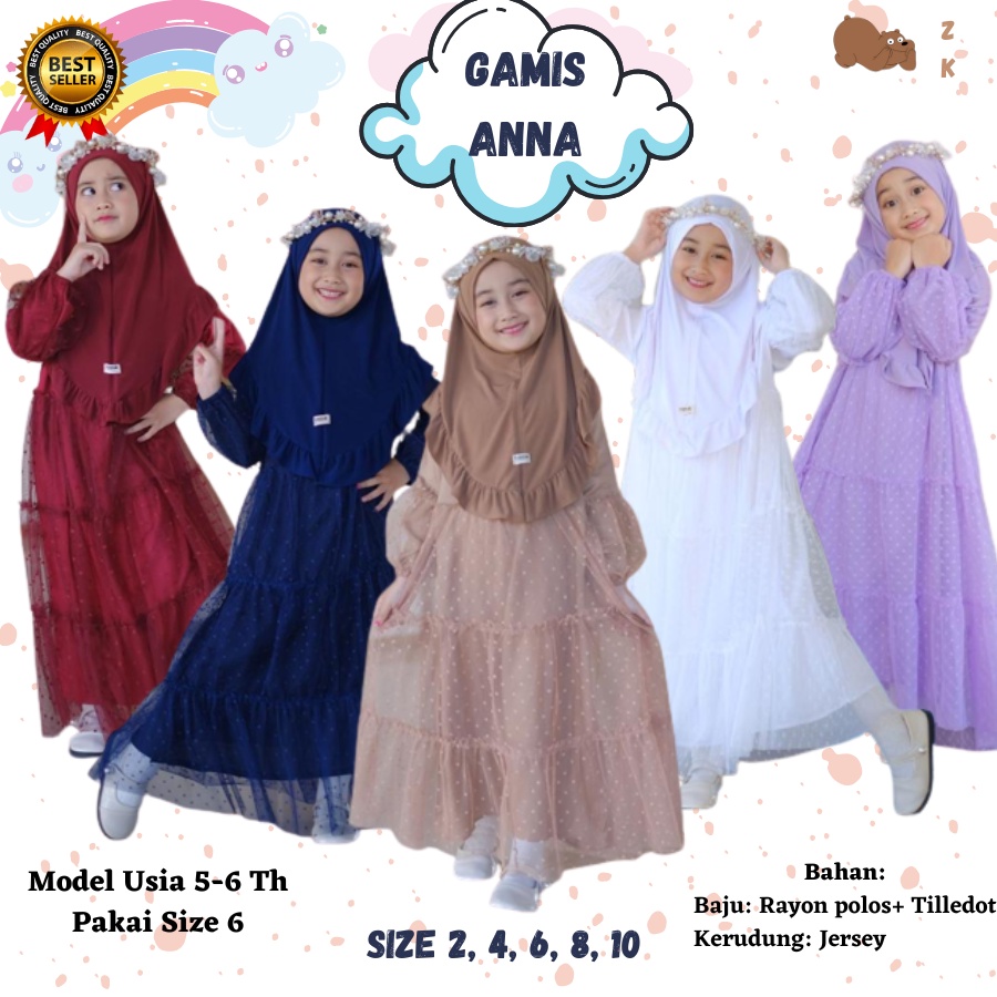GAMIS ANNA PLUS KERUDUNG Pakaian Baju Gamis Dress Dres Tilledot Rok Tutu Lengan Panjang Anak & Bayi 