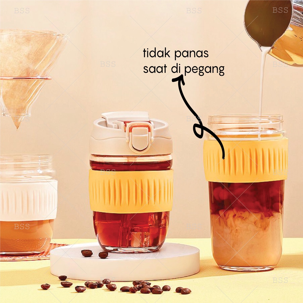 Gelas Minum Kopi Tumbler Anti Panas Kaca Glass Dengan Sedotan Simple Elegan Milk Cup Warna Warni