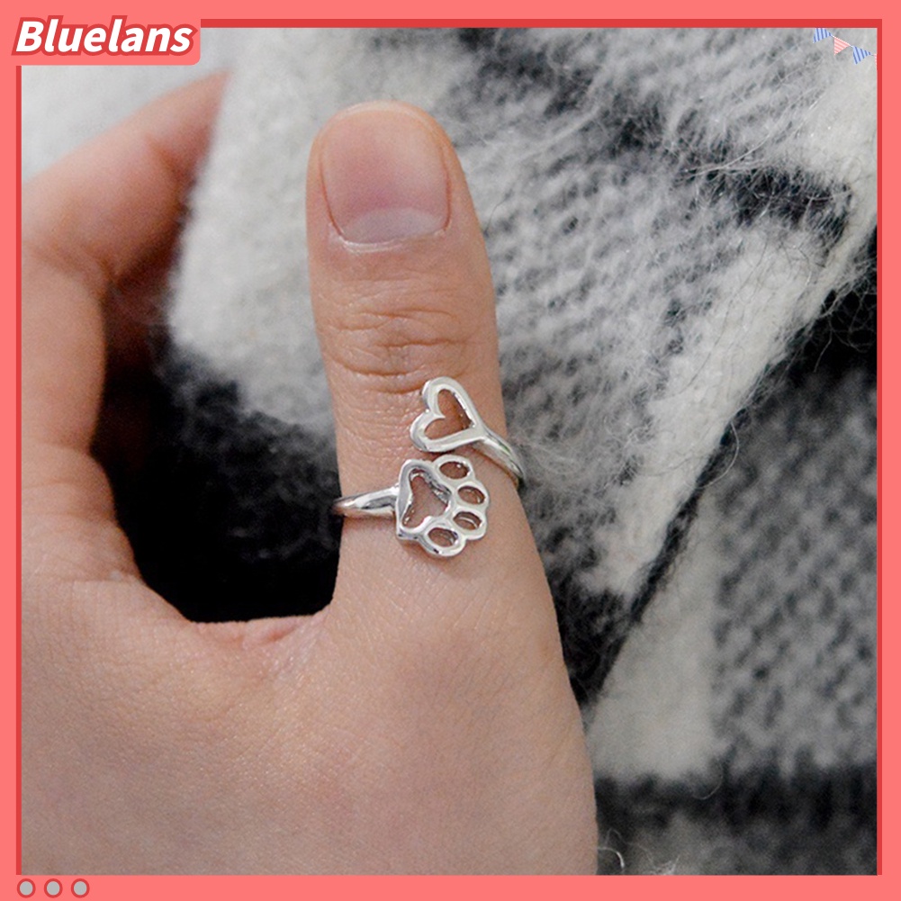 Bluelans Adjustable Opening Ring Hollow Love Heart Dog Paw Ring Jewelry for Dog Owner