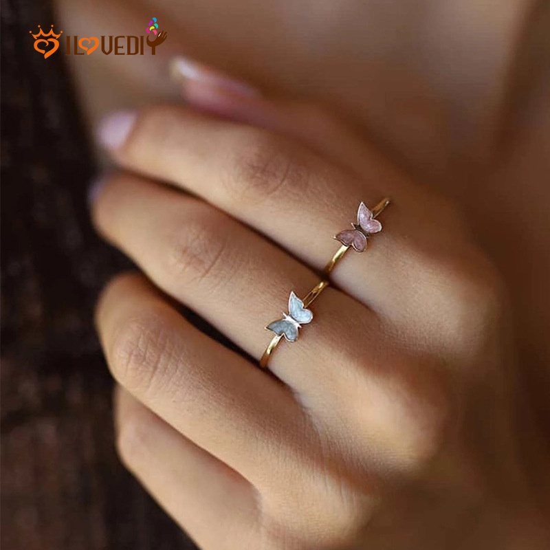 Cincin Model Terbuka Adjustable Desain Butterfly Enamel Untuk Wanita