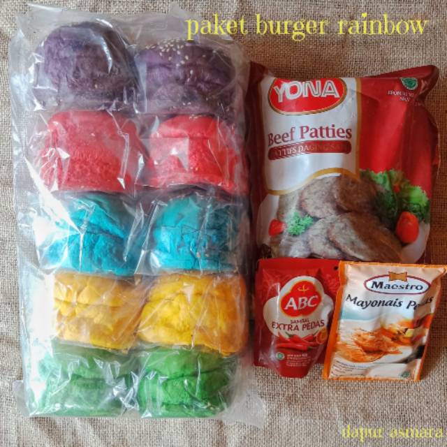 

paket roti rainbow+beef sapi+sambal+mayo(rotinya fress ya homemand)
