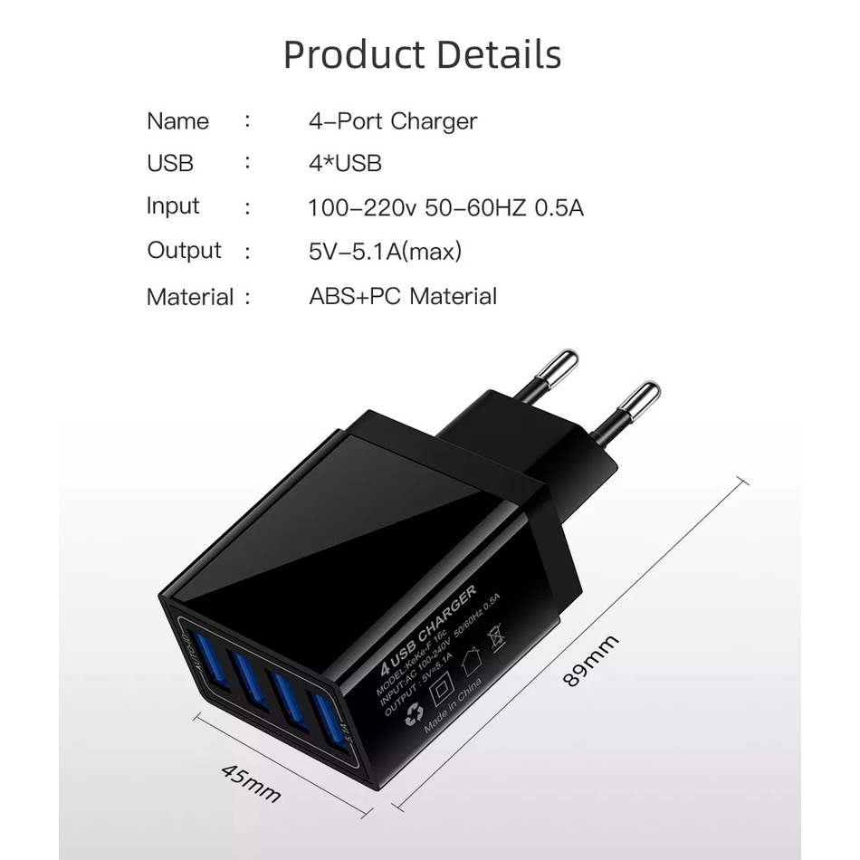 Smart Charger Travel Charger 5V 5.1A Pengisi Daya Ponsel Universal 4 USB Adaptor USB Kepala Pengisi Daya SmartPhone