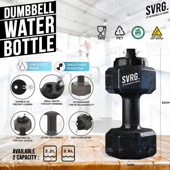 Svarga Dumbbell Water Bottle - Botol Minum Sport - Dumbell Barbel - Hitam,2.2 Liter