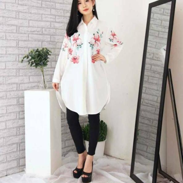 ☄ TUNIK PUTIH#WANITA FASHION#MOTIF BUNGA ❊