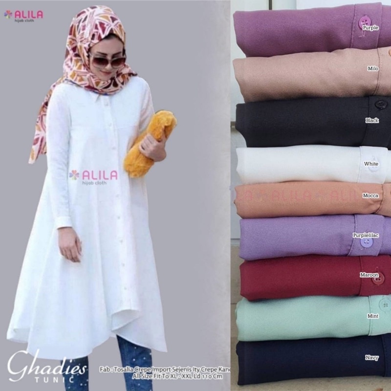 Ghadies tunik putih polos premium tebal adem. Atasan wanita muslimah kekinian original by Alila
