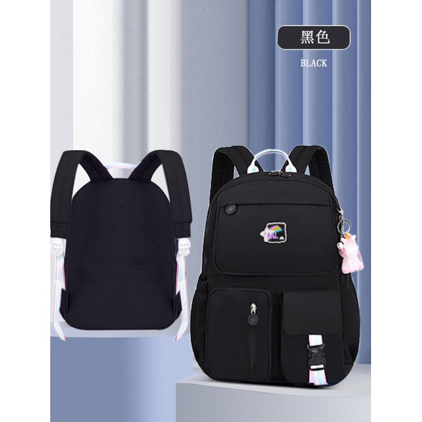 TAS SEKOLAH RANSEL ANAK SD/SMP/SMA CEWEK WARNA SOFT PASTEL CANTIK LUCU WATERPROOF (TAHAN AIR) 202 ukuran 18 big HADIAH GANTUNGAN-BLACK
