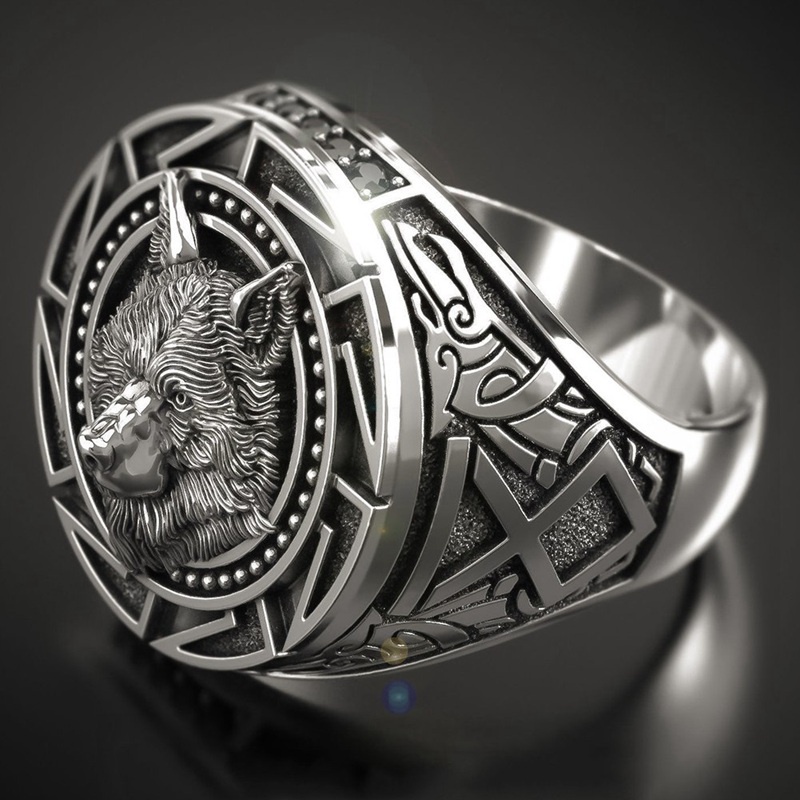 Cincin Desain Kepala Serigala Warrior Bahan Sterling Silver Gaya Punk Gothic Hip Hop Untuk Pesta