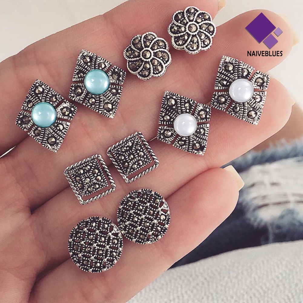 Naiveblue 5 Pasang Anting Tusuk Gantung Desain Geometri Hollow Hias Berlian Imitasi Gaya Bohemia Untuk Wanita