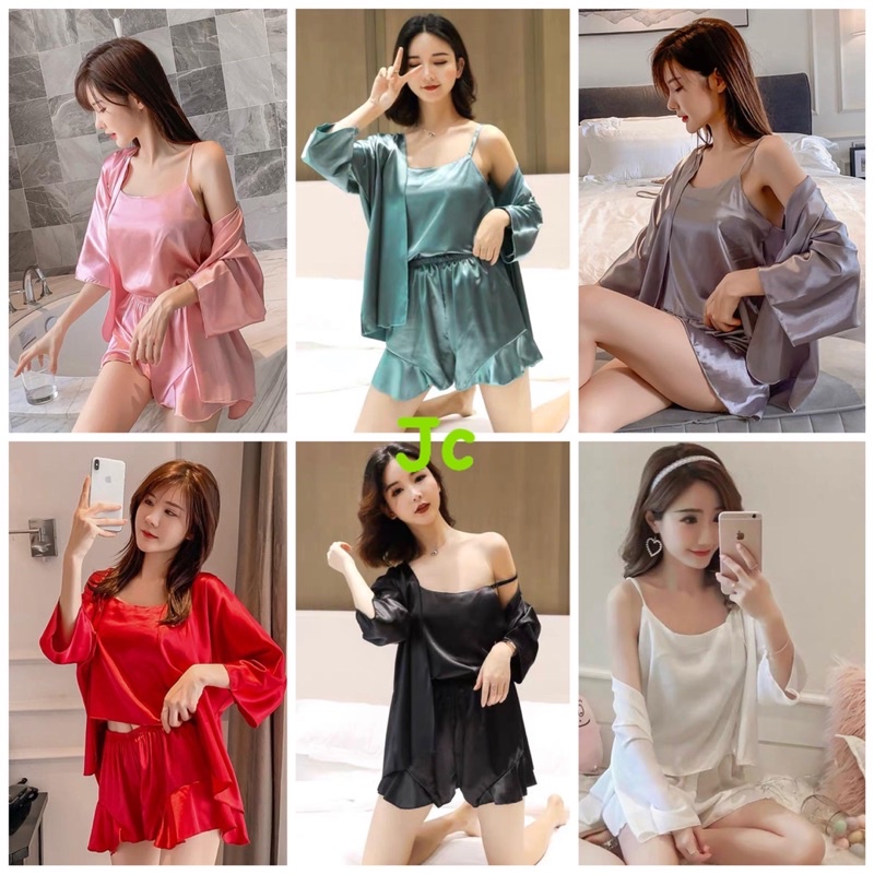 JC- Set Kimono 3in1 Satin HP / Kimono Set Wanita Terbaru / Piyama Satin Sexy HP murah