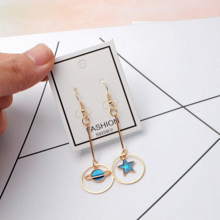 Planet anting-anting perempuan Korea hipster biru Saturnus asimetris bintang anting-anting