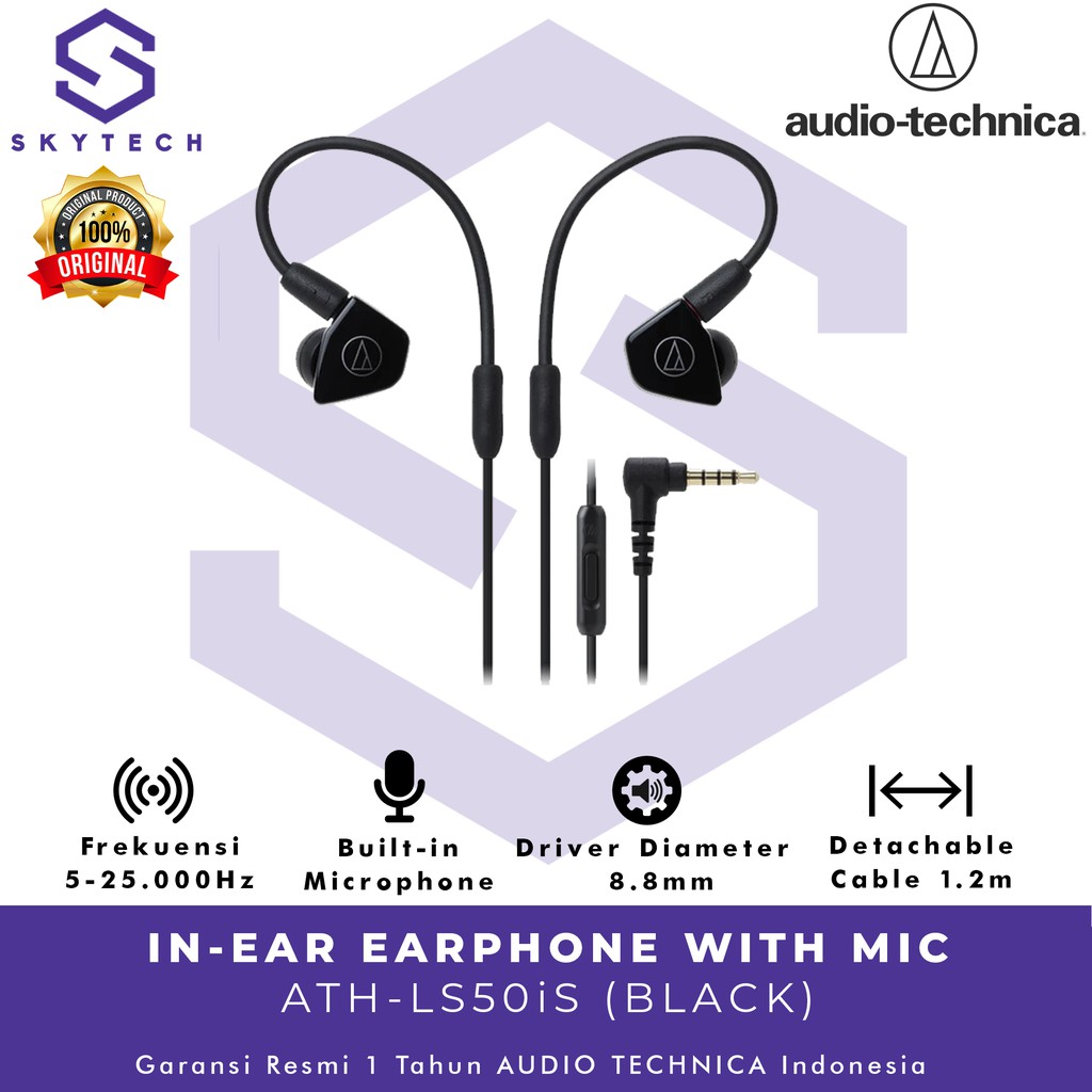 EARPHONE MIC AUDIO TECHNICA LS50iS BLACK ORIGINAL GARANSI RESMI