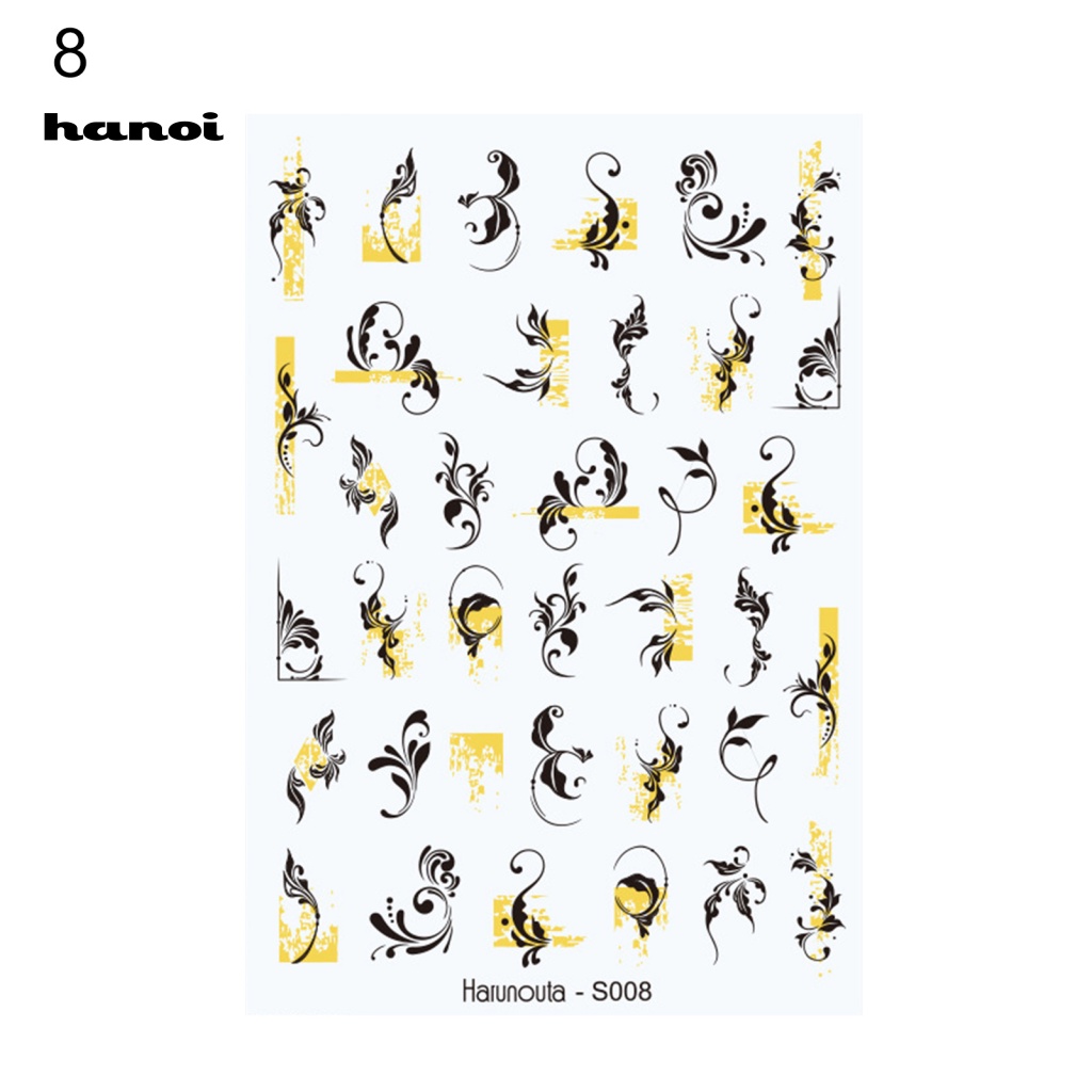 Han_ Stiker Kuku Motif Bunga / Daun / Geometri Warna Hitam / Putih Untuk Nail Art