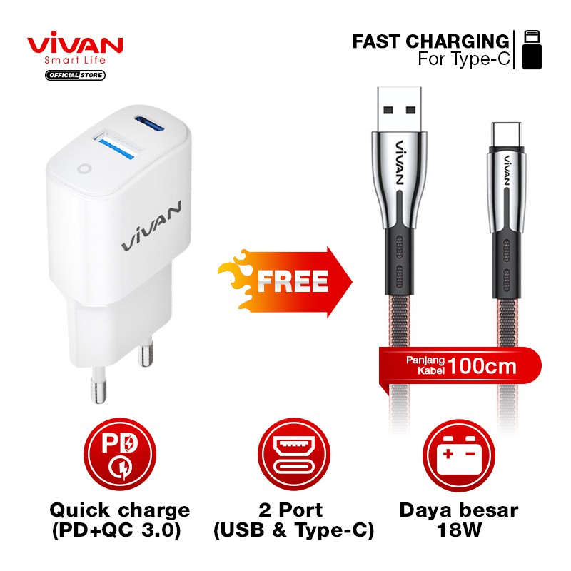 Charger Fast Charging VIVAN 2 Port USB QC3.0 &amp; Type-C (PD) 3A 18W Free Kabel USB Micro/iPhone/Type C