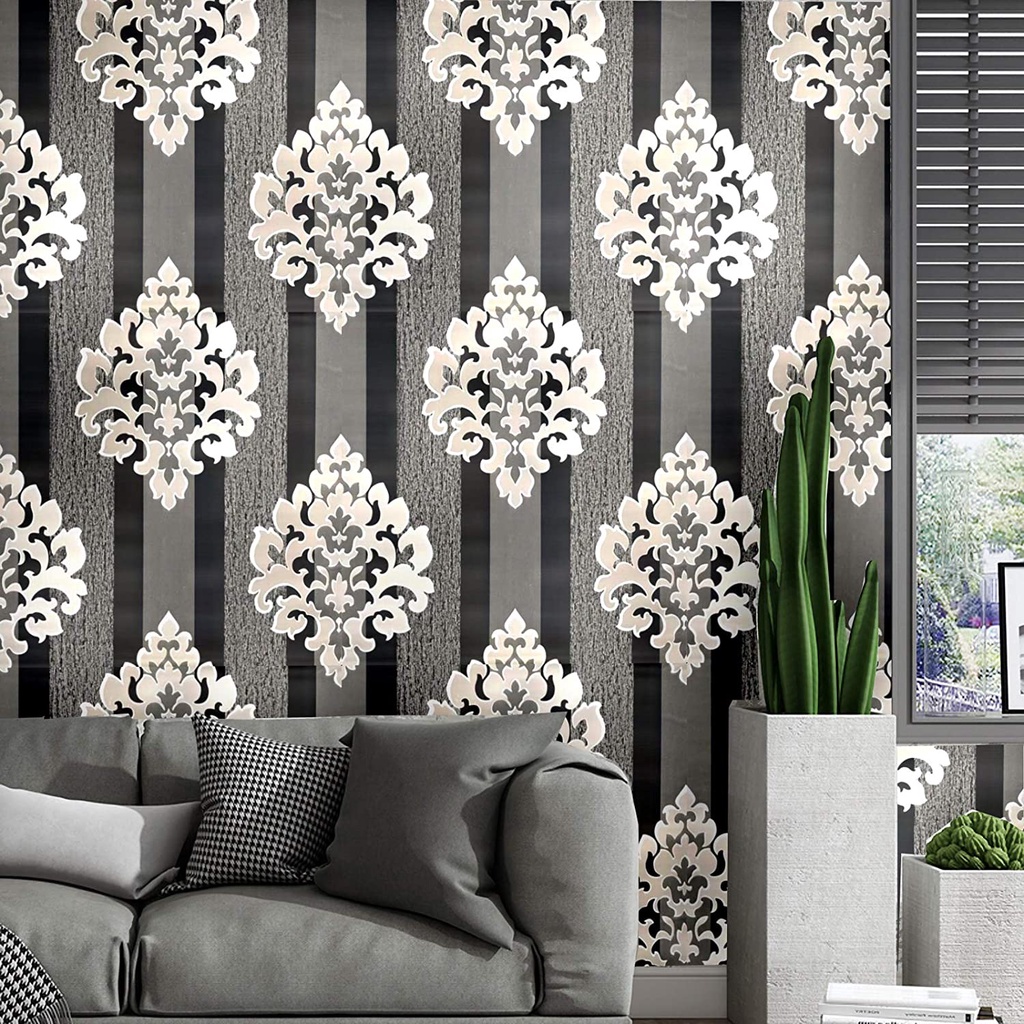 Wallpaper Dinding Batik Silver Garis Hitam Silver 8m s/d 9m x 45cm