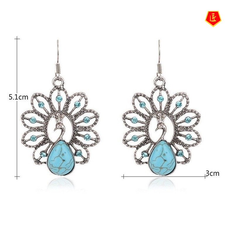 [Ready Stock]Turquoise Peacock-Shaped Earrings Exaggerated and Personalized