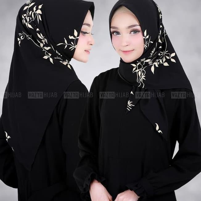 ✮ BLACK EDITION Instant Hijab Jilbab Kerudung Triangle Segitiga Instan Motif Bunga Warna Hitam ♗