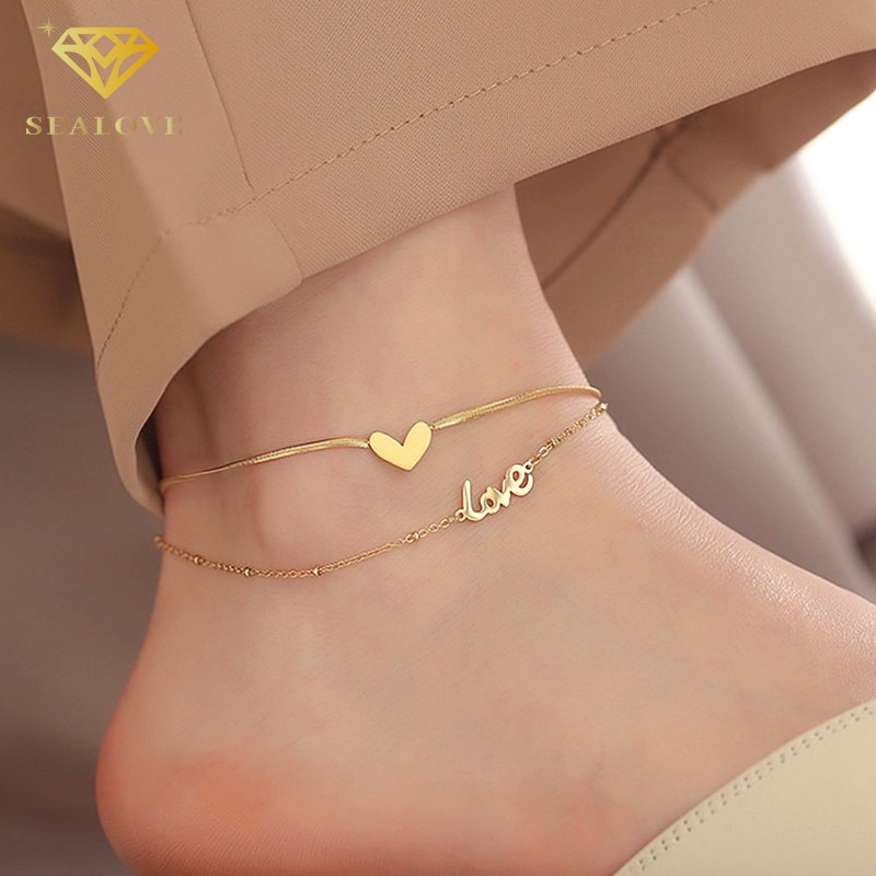 SEALOVE Gelang Kaki Titanium Wanita Multilayer LOVE Huruf Hati Emas 18k Anti Karat Asli Korea Aksesoris