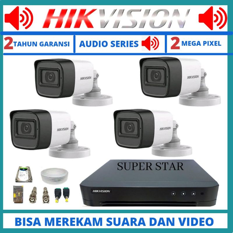 PAKET CCTV HIKVISION AUDIO 2MP 4 CHANNEL 4 KAMERA TAHAN PANAS DAN HUJAN BISA MEREKAN SUARA