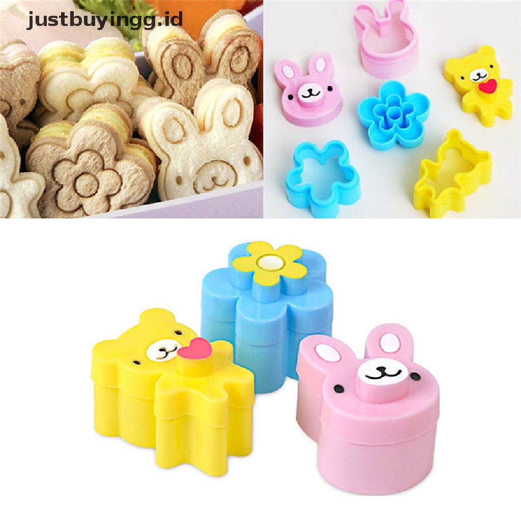 (Justbuyingg.Id) 3pcs Cetakan Pemotong Sandwich / Cookie / Roti / Bento Bentuk Kelinci / Panda / Bunga