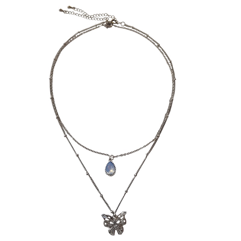 Blue Water Drop Butterfly Necklace Accessories Temperament Double Clavicle Chain