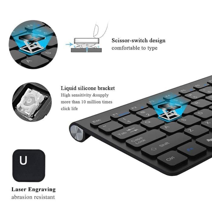 Ultra Slim Wireless Keyboard Multimedia Combo Set with Mouse - hitam