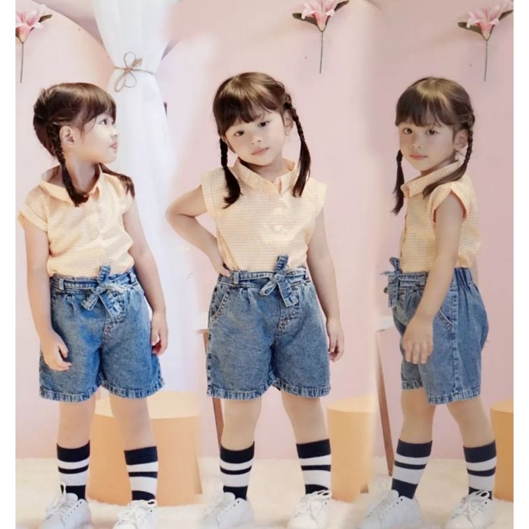 Celana jeans pendek anak perempuan , Hotpants pita anak cewek