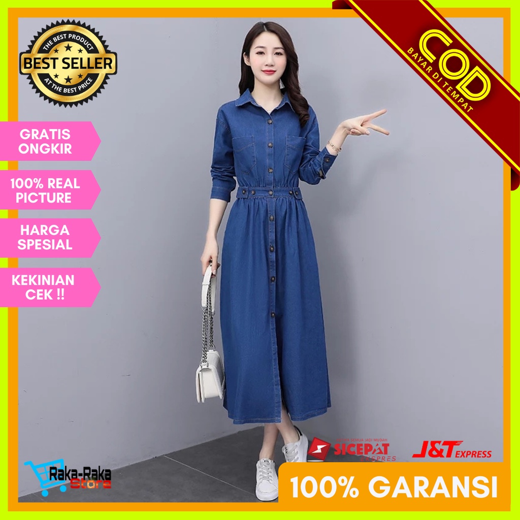Dress Wanita Terbaru Midi Mini Dres Wanita Korea Brokat import Pesta Baju cewek kekinian denim biru 