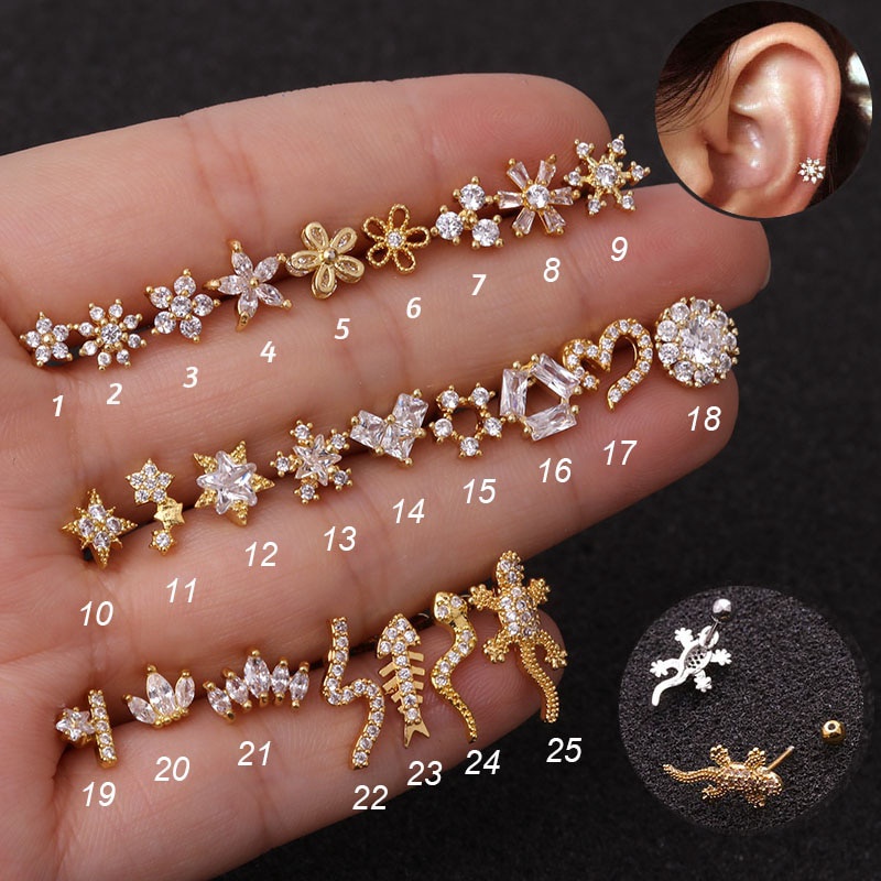 1pc Anting Tindik Tulang Rawan Telinga Desain Tanaman Keong 20g Hias Cz