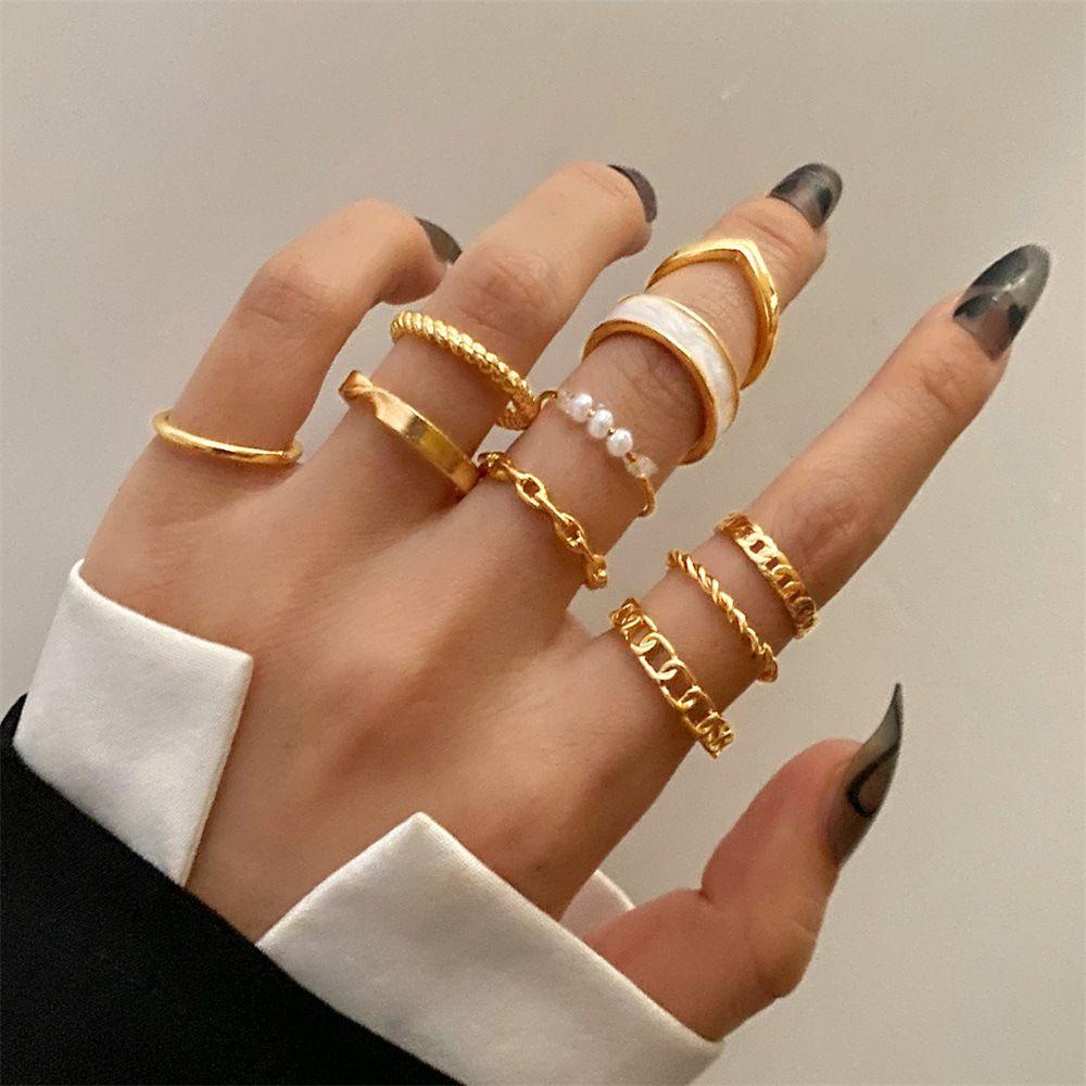 Lily 10PCS set Cincin Hadiah Pesta Desain Fashion Hollow Gold/Silver Geometric Finger Knuckle