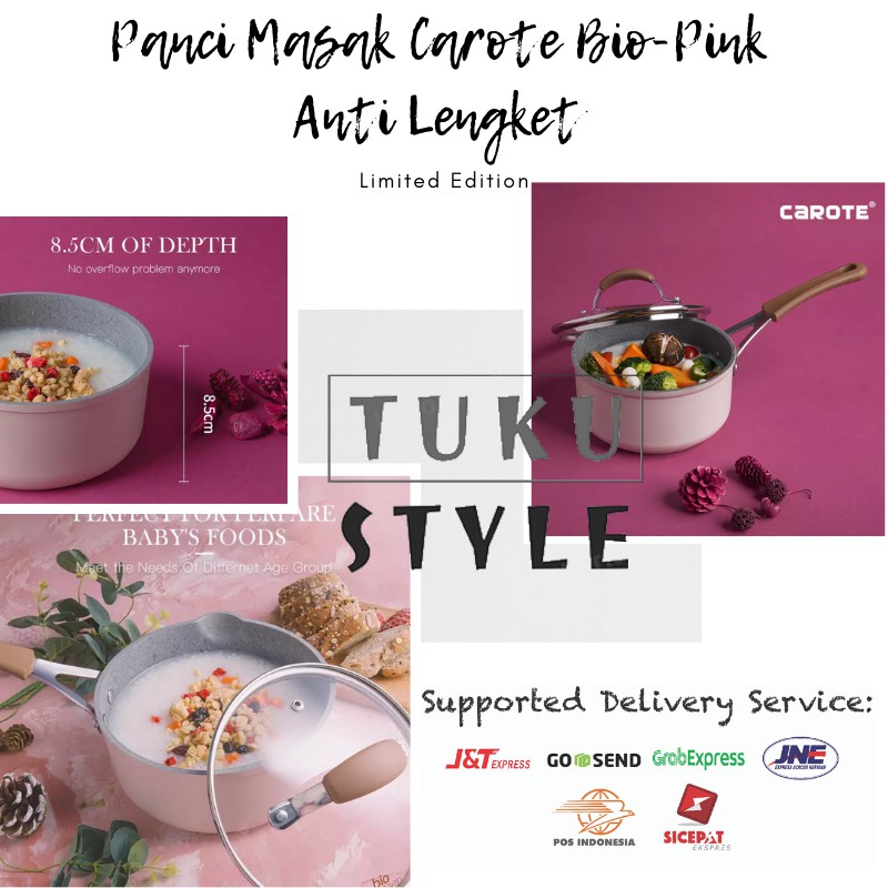 Carote Sauce Pan Bio Pink Panci Anti Lengket Granit Size 16cm / 18cm Dengan Tutup Glass