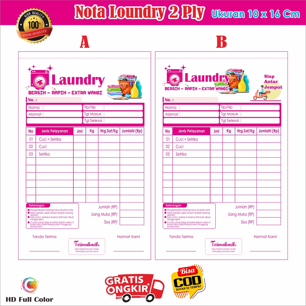 

nota loundry 2 rangkap ukuran 10,5 x 16,5 Cm nota bon londry 2 ply k03 nota bon ganesa grafika
