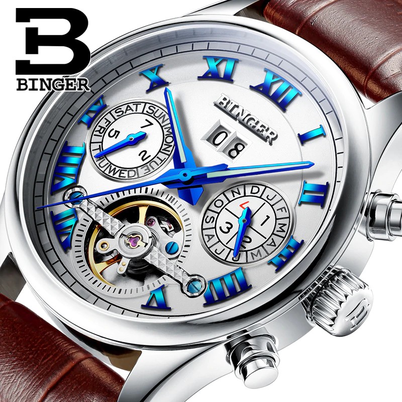 Jam tangan mekanik pria keren Switzerland BINGER men's watch luxury brand Tourbillon sapphire