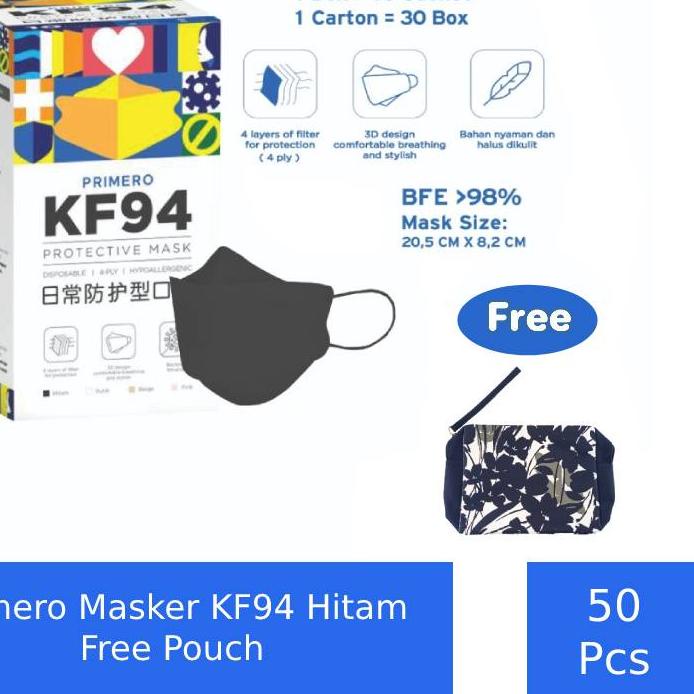 masker kf94 - masker, kf94, Primero Masker KF94 4Ply Hitam - 1 box isi 50pcs Free Pouch