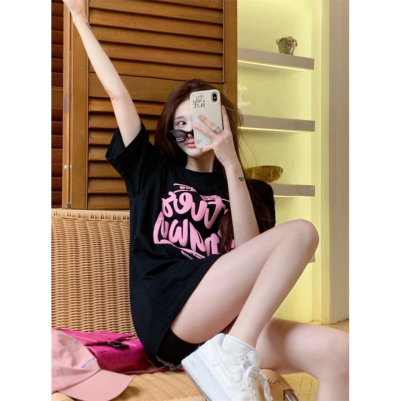 kaos atasan wanita lengan pendek oversize printed letters t shirt korean style kaos hitam