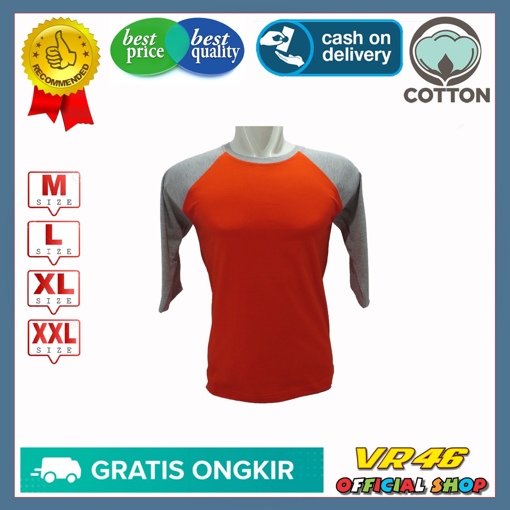 Kaos Reglan Polos Lengan 3/4 Warna Orange Lengan Abu Misty Size M L XL XXL Bahan Katun 24S 80