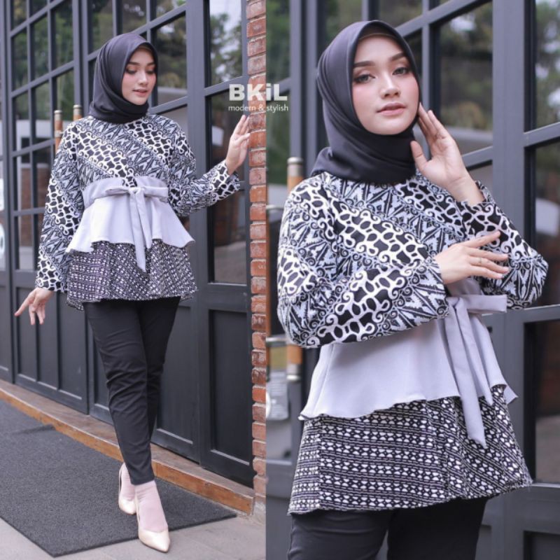 tey-17 Batik wanita ASJ SA HRB026 Kenongo Kemeja Tosca Pendek-Bkil abu