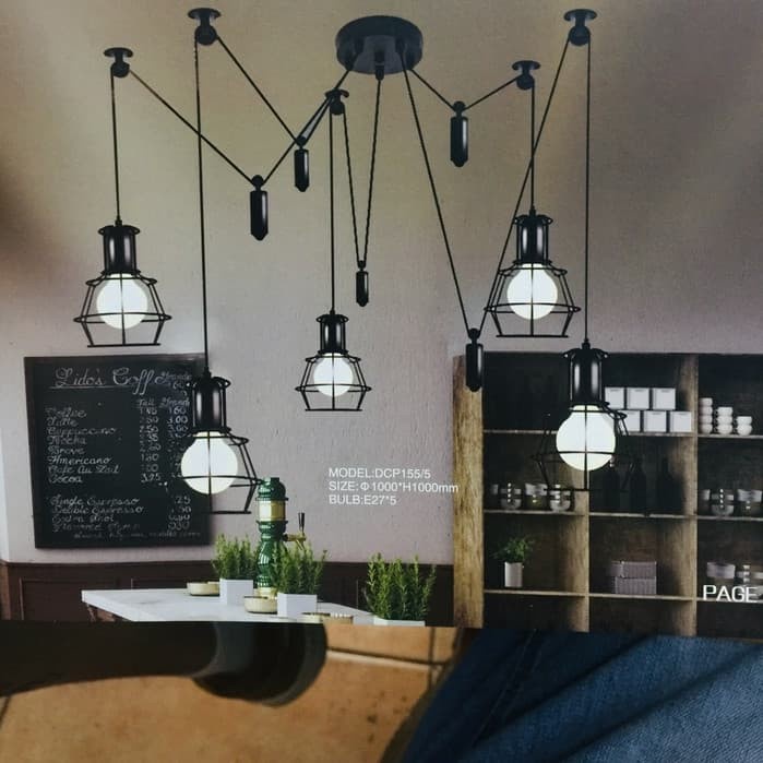 Lampu gantung hias vintage 5 lampu 100x100 black