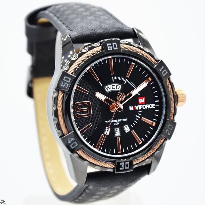 JAM TANGAN PRIA NAVIFORCE NF9117 TGL HARI ORI ANTI AIR BLACK ROSEGOLD