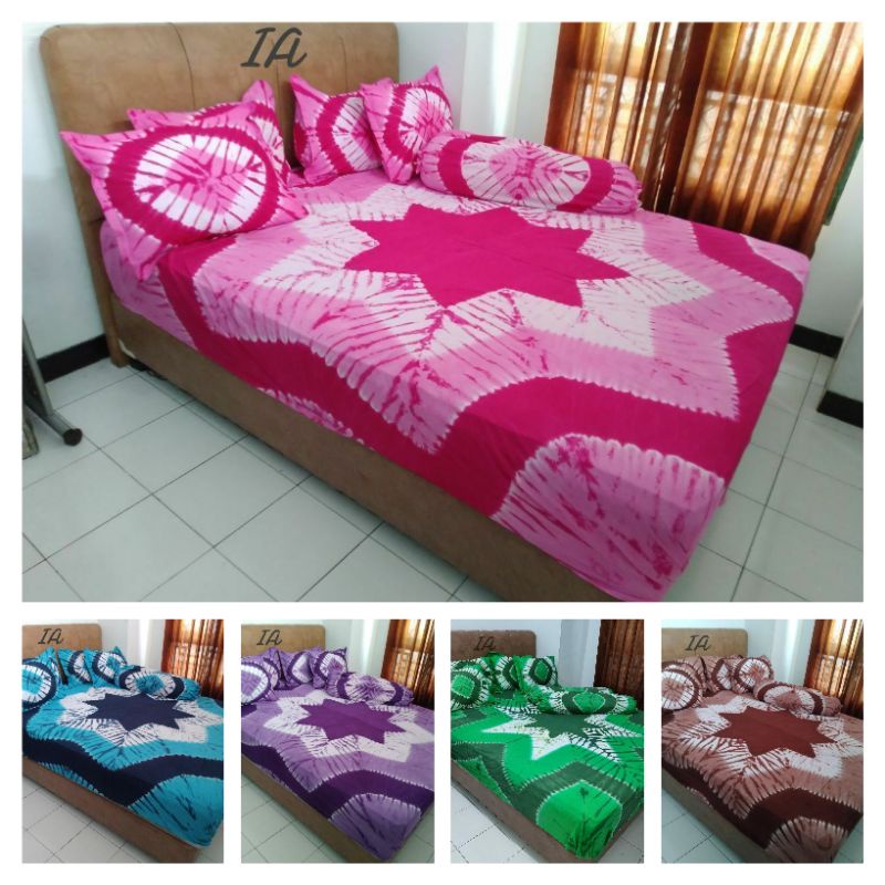 Sprei Batik Jumputan Pekalongan 180x200x20 Bahan Katun Halus 4 Bantal 2 Guling Motif Batik Pekalonga