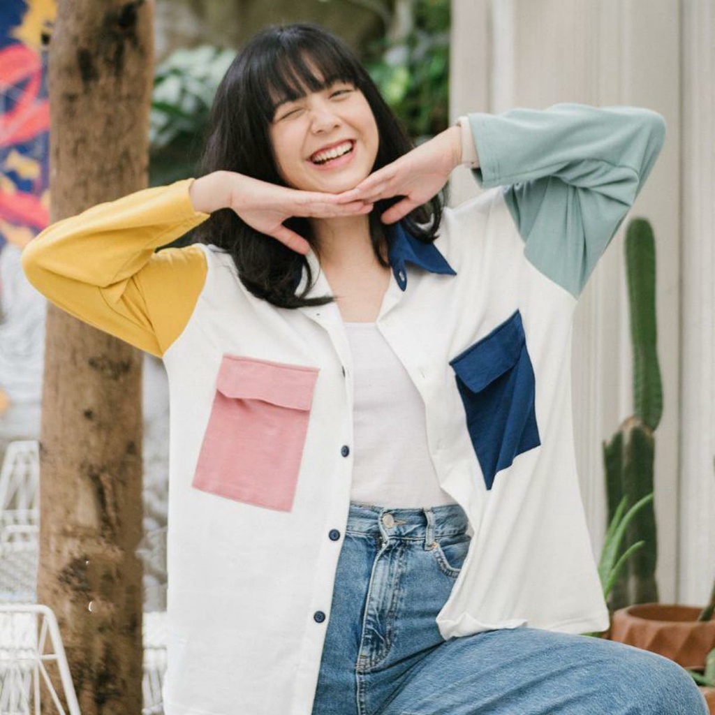 Tq88indonesia Fashion Kemeja Kombinasi Wanita Lengan Panjang / Kemeja Nadine / Kemeja Santai Cewek / Kem  / Kemeja Kekinian / Kemeja Wanita