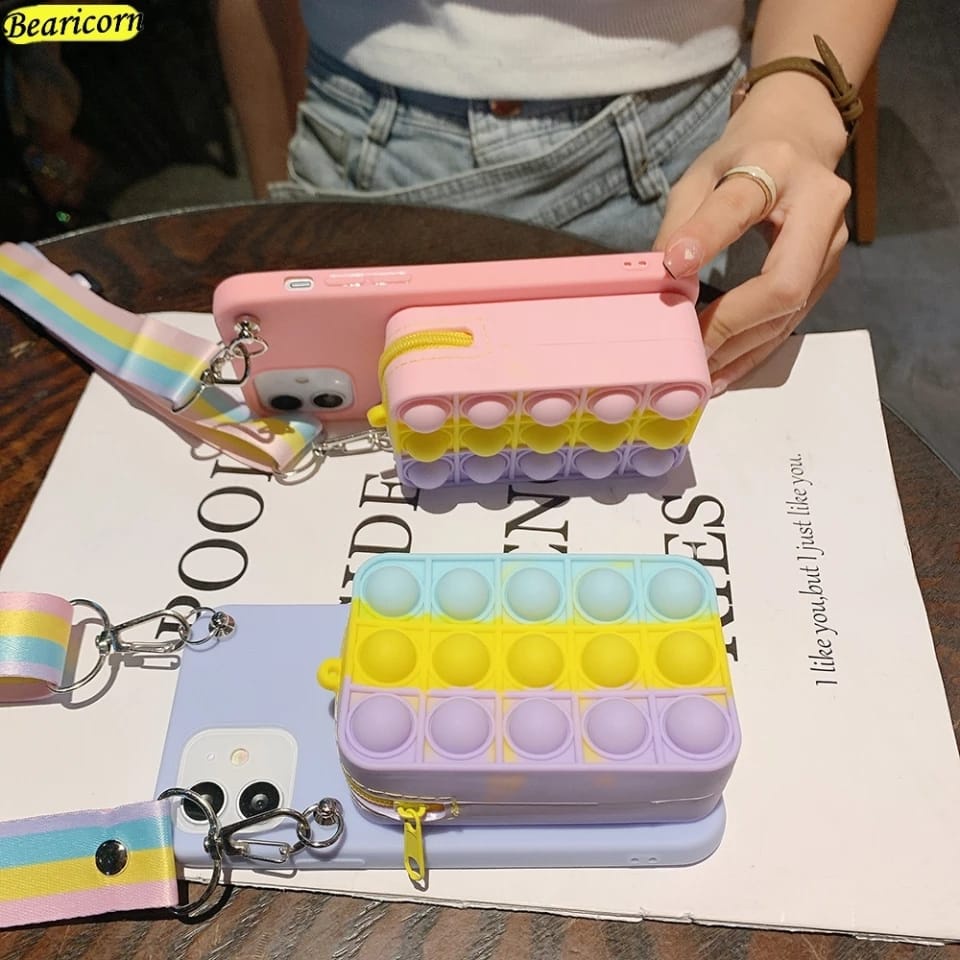 CASE IPhone pop it 11 12 PRO 12 XS XR XS MAX 6P 7PDLL DOMPET KARTU GANTUNGAN RAINBOW