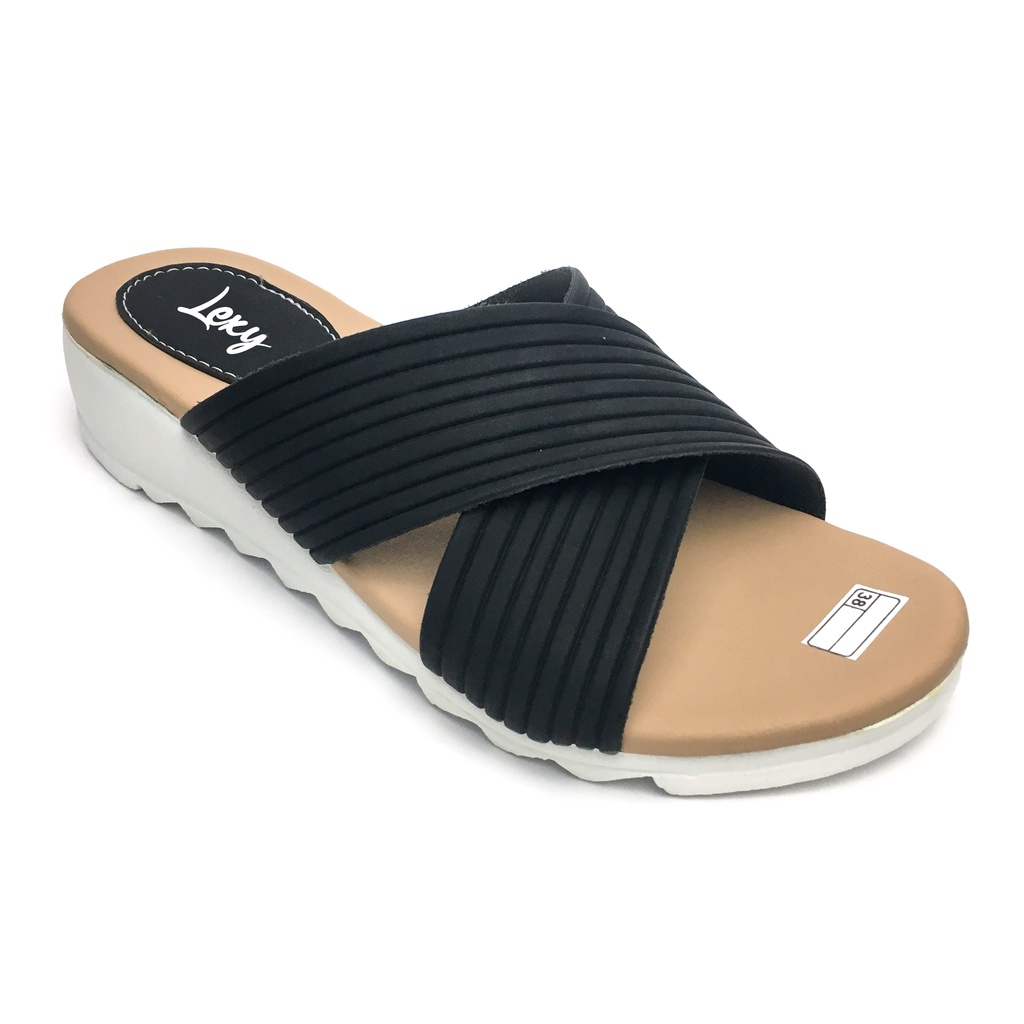 Sandal Wanita Lexy Silang Garis Leather Selop Hak Wedges