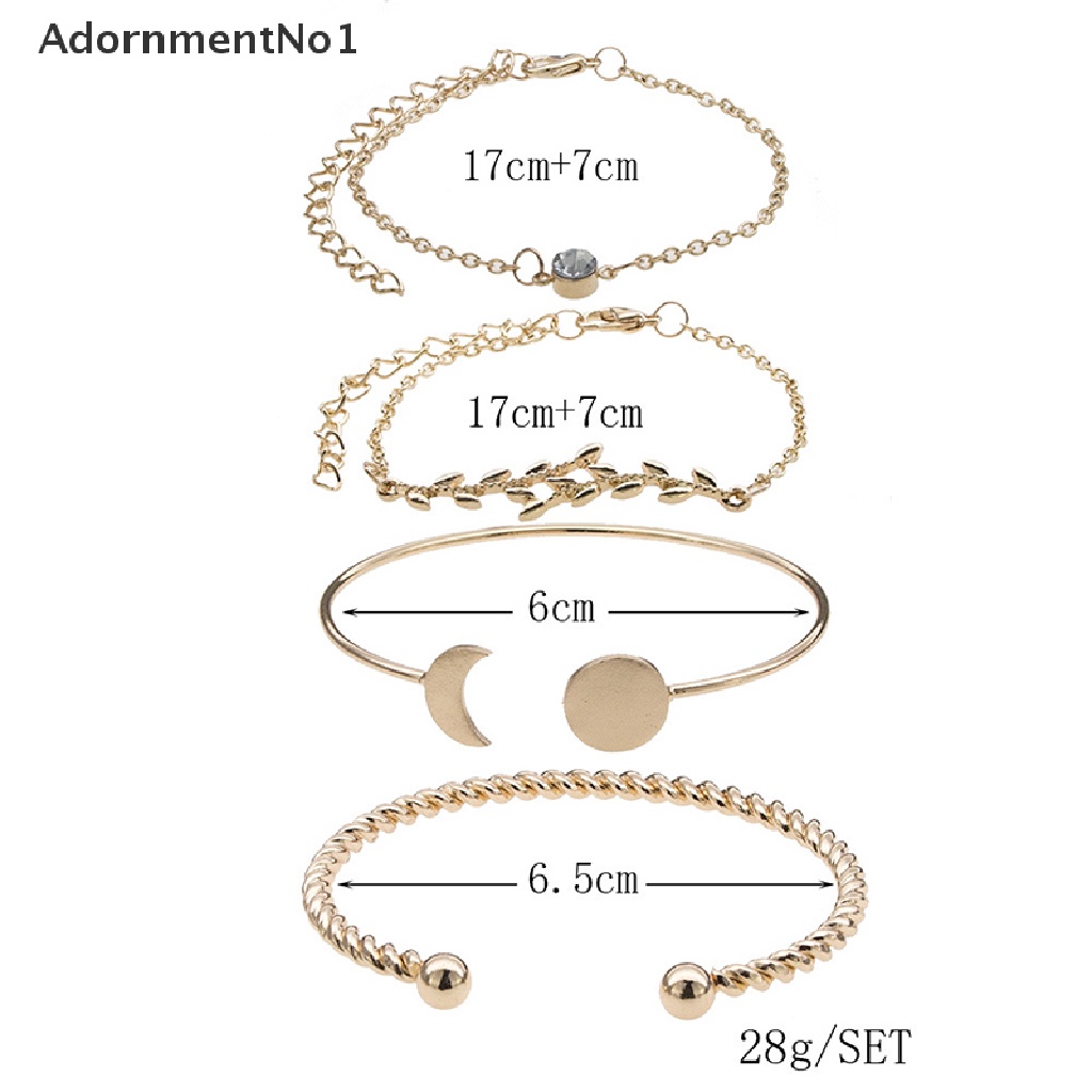 (AdornmentNo1) 4pcs / Set Gelang Tangan Alloy Gaya Bohemian Motif Daun + Bulan + Kristal Untuk Perhiasan Wanita, Handmade