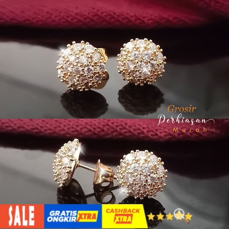 Xuping Gold Anting Wanita Dewasa 24K Model Tusuk Motif Permata Bulat Lingkaran Bola 12