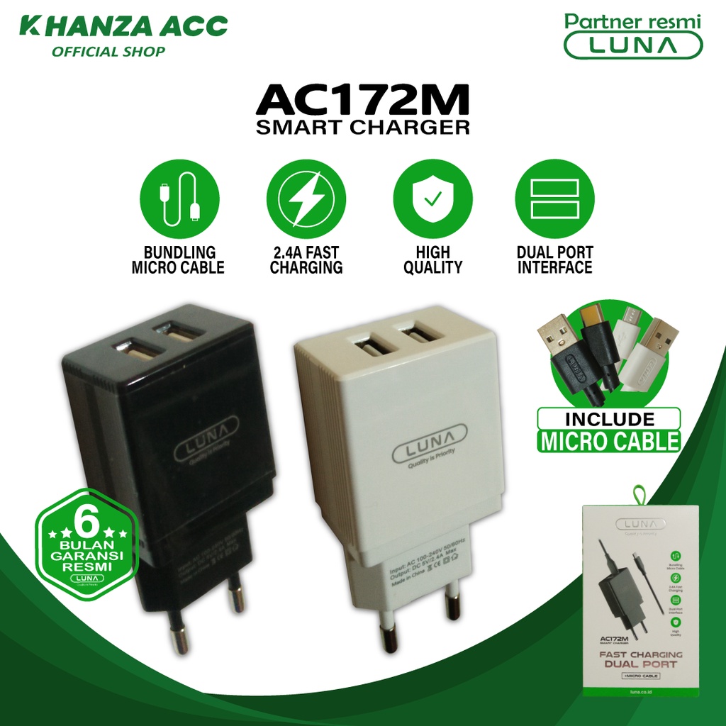 KHANZAACC Charger LUNA AC172M / AC172C Dual Output 2.4 Fast Charging Original