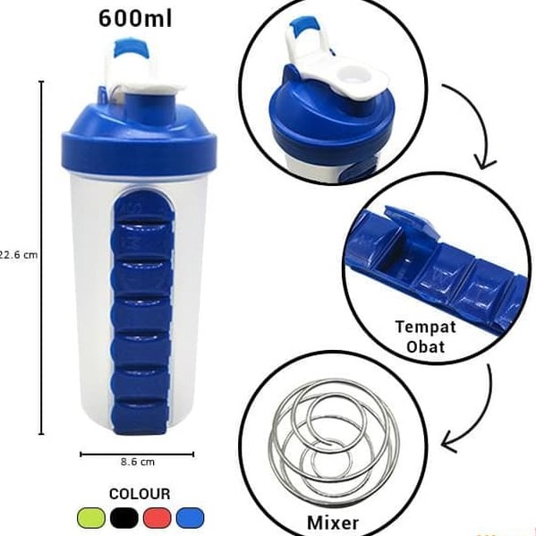 H6188 Botol Minum Shaker + Kotak Pill Obat Vitamin 600ml Gym Tumbler H-6188